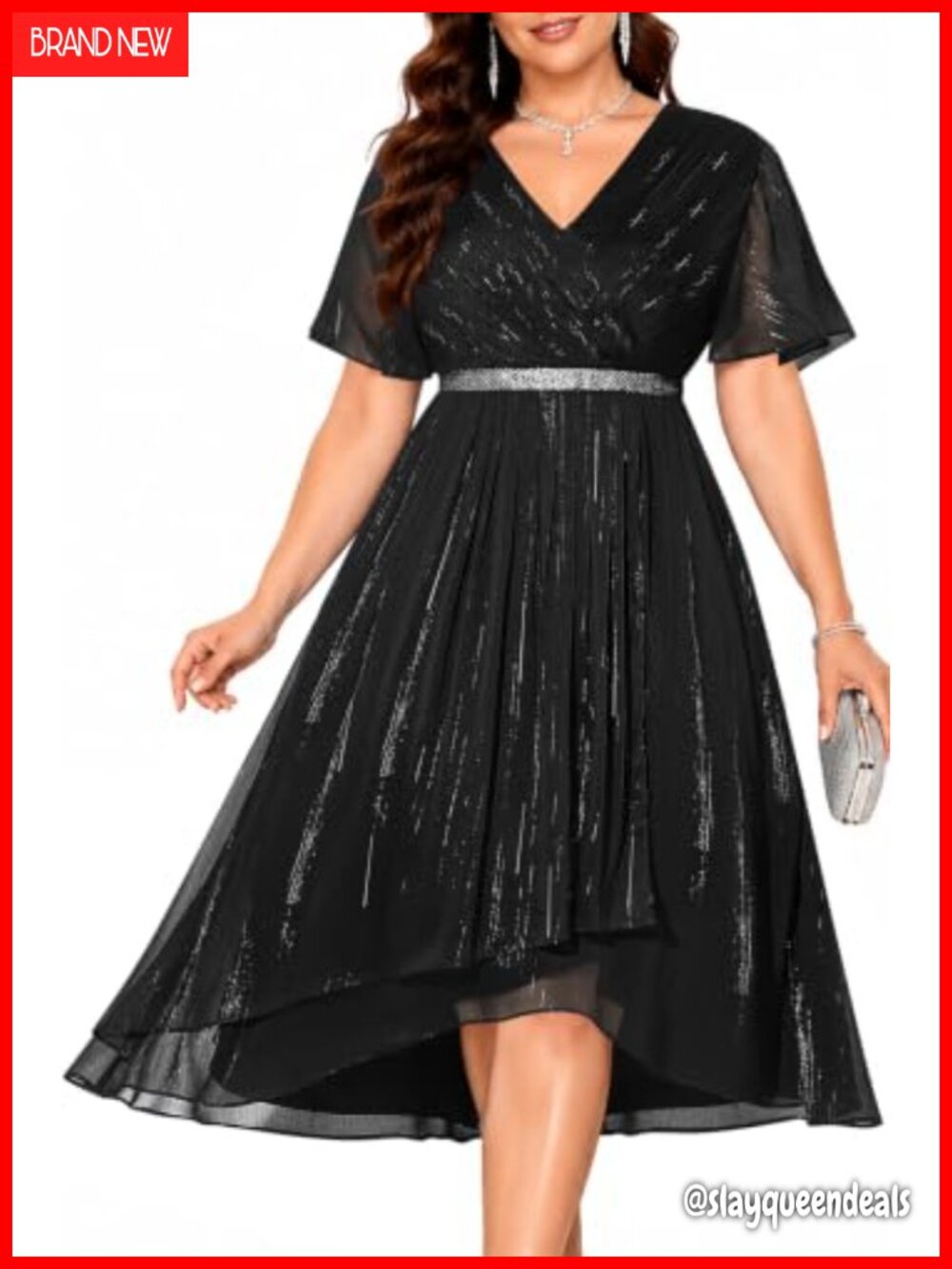 Plus Size Silver Thread Chiffon High Low Midi Cocktail Dress Ruffle Sleeve